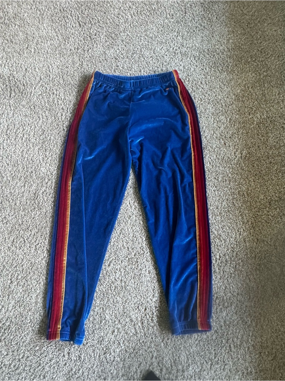 Aviator Nation Blue Velour Joggers with Red and Gold Side Stripes